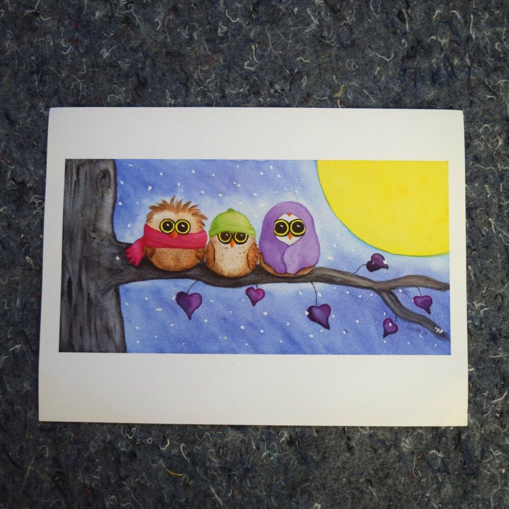 Winter Owls on a Tree Limb Art Print T Ryder '14 12" x 9" Cute Snuggle Cozy Kids